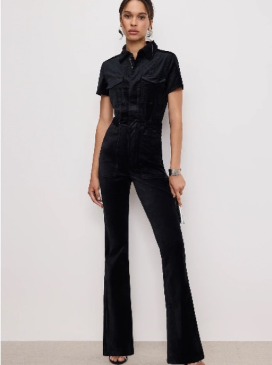 Good American Pants - Good American Black Velvet Jumpsuit with Flared Legs Long Inseam 0/2L XS Long